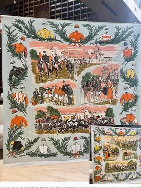 Equestrian Print Silk Scarf in Light Blue and Orange . Two side
